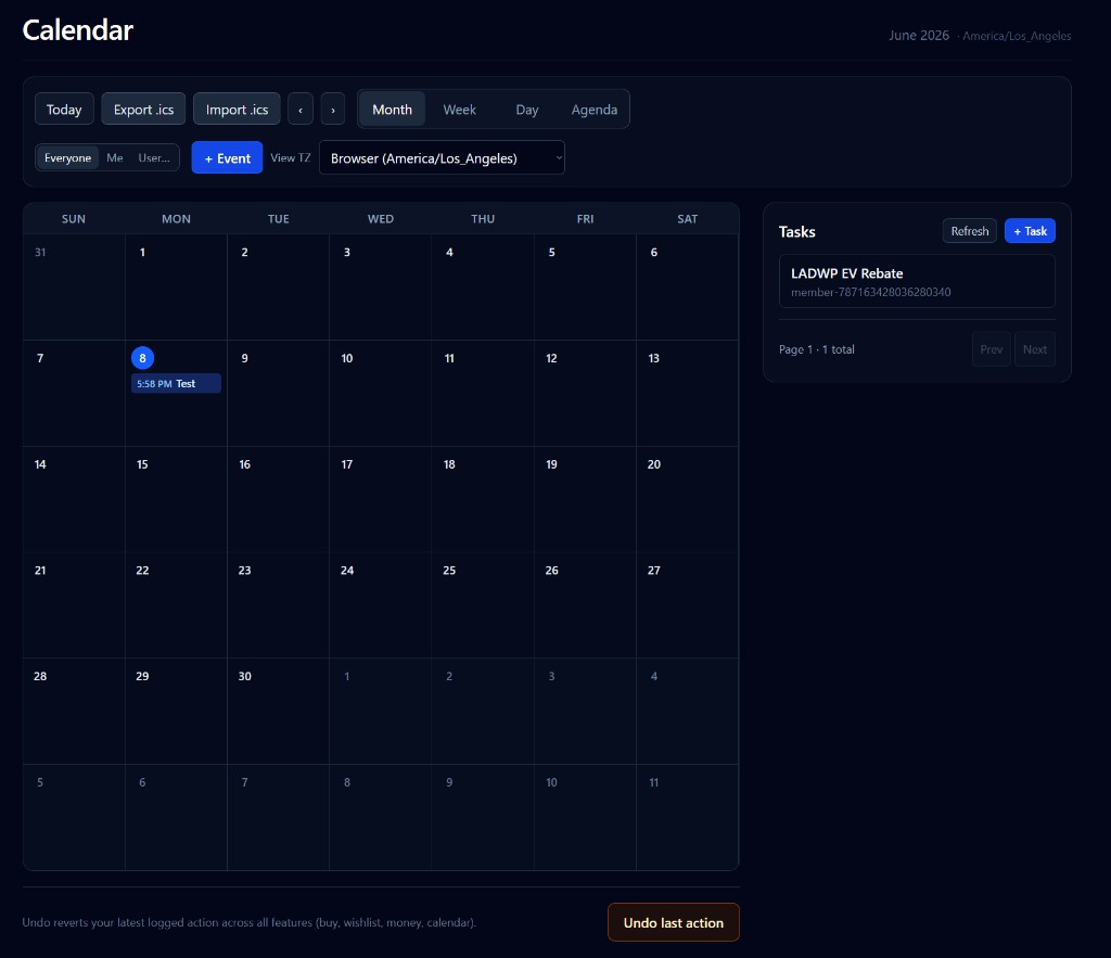 HomeBot calendar with month view, tasks sidebar, and event controls