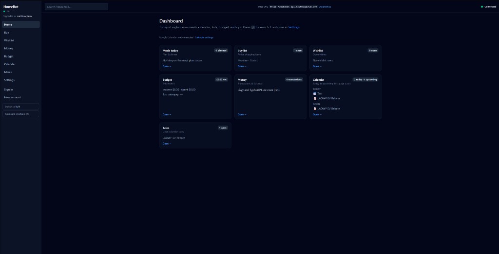 HomeBot dashboard with sidebar navigation and at-a-glance widgets