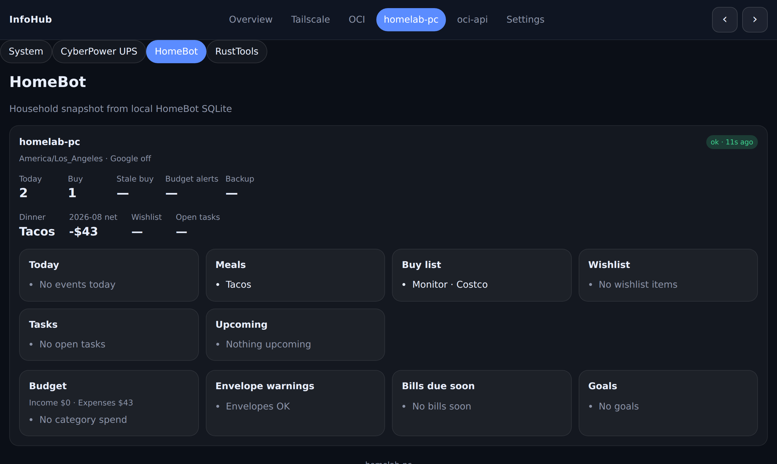 InfoHub HomeBot module snapshot on a host