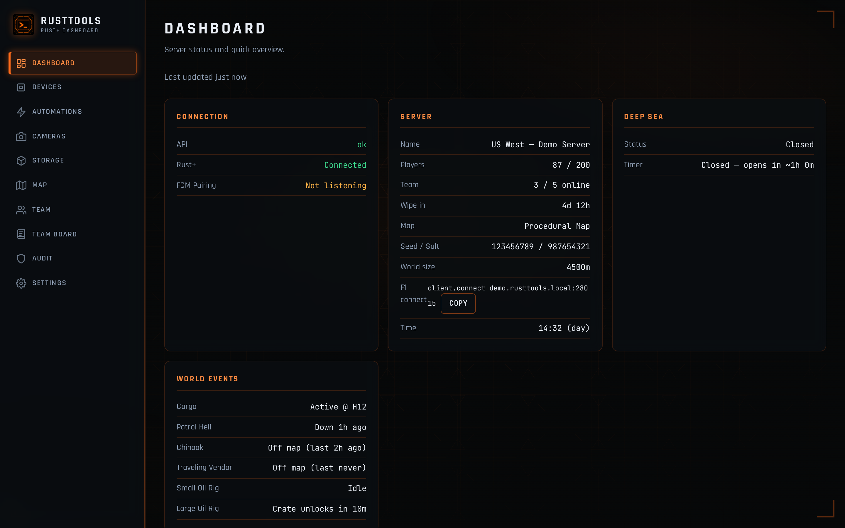 RustTools dashboard with server status, team, and world events