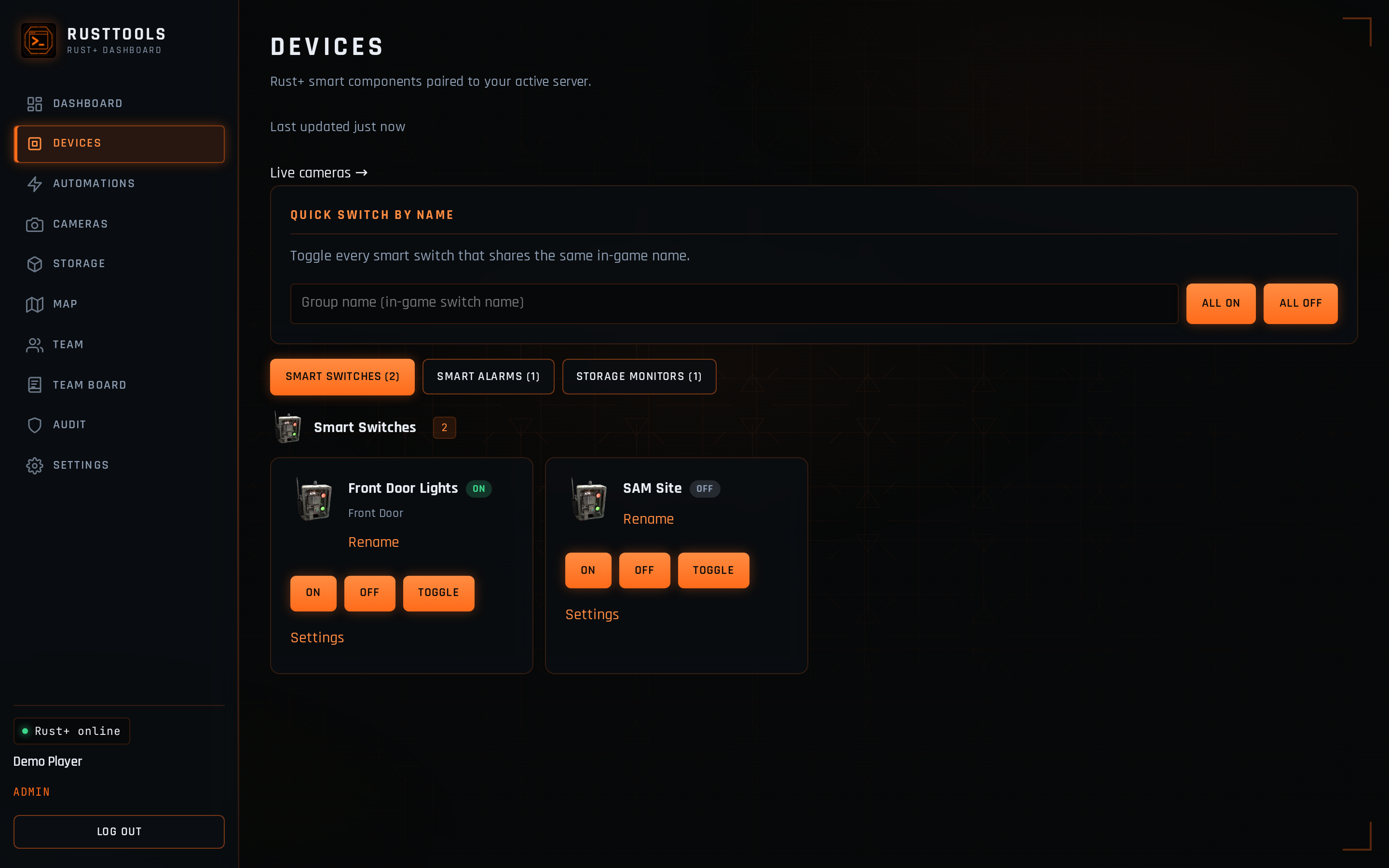 RustTools devices page with smart switch On/Off controls