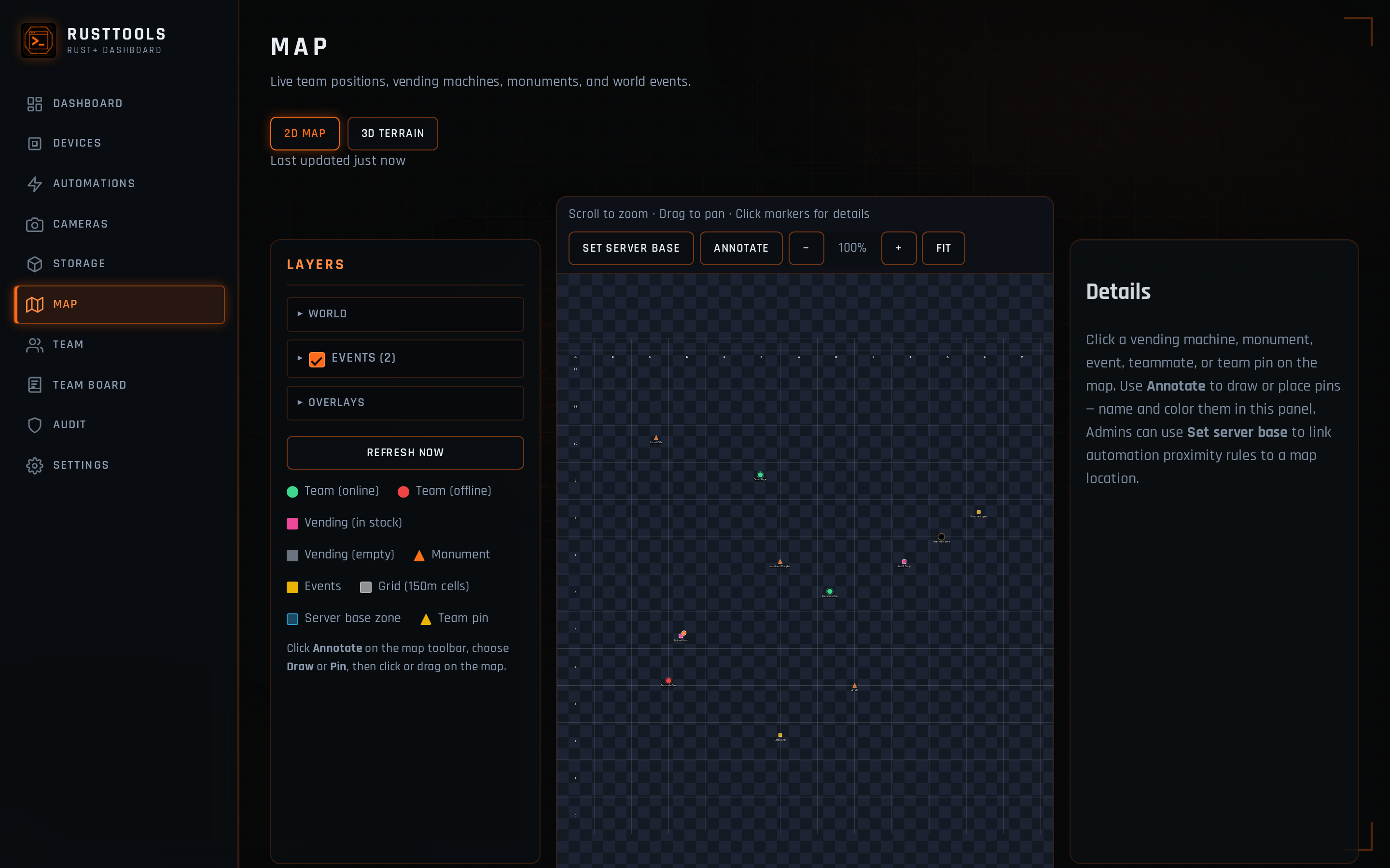 RustTools 2D map with team positions, monuments, and layer controls